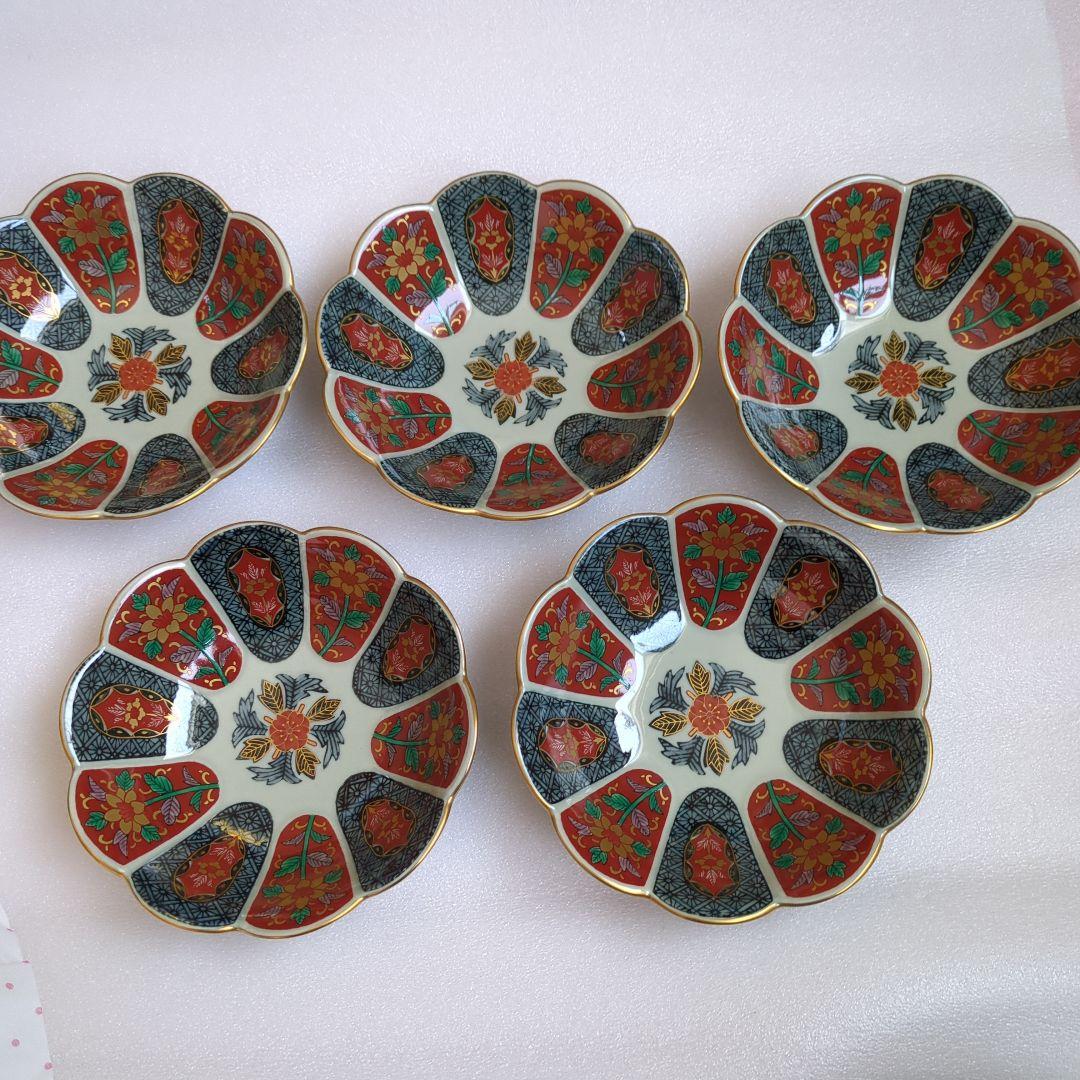 波佐見焼　林九郎窯　十方割花地紋　小鉢揃　5枚　菊割鉢　輪花鉢　金彩　古伊万里