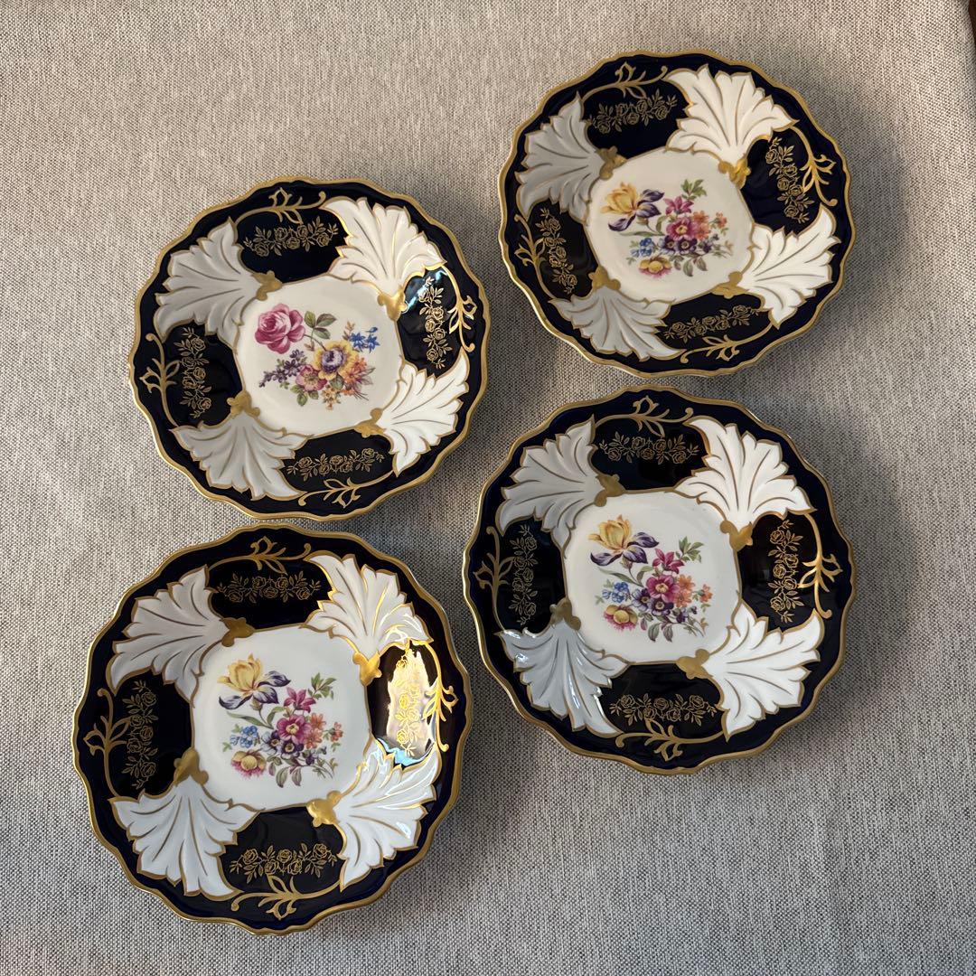 ワイマール　WEIMAR 金彩コバルトブルー フラワー　プレート4枚セット