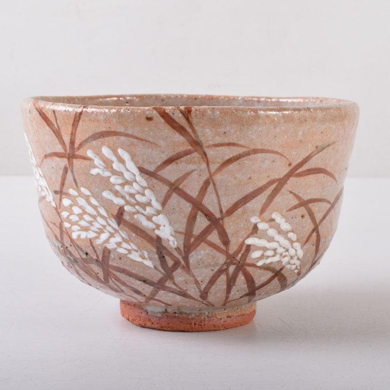 茶道具　京焼　中村良二作　灰釉　芒図　茶碗　共布共箱　C　7446