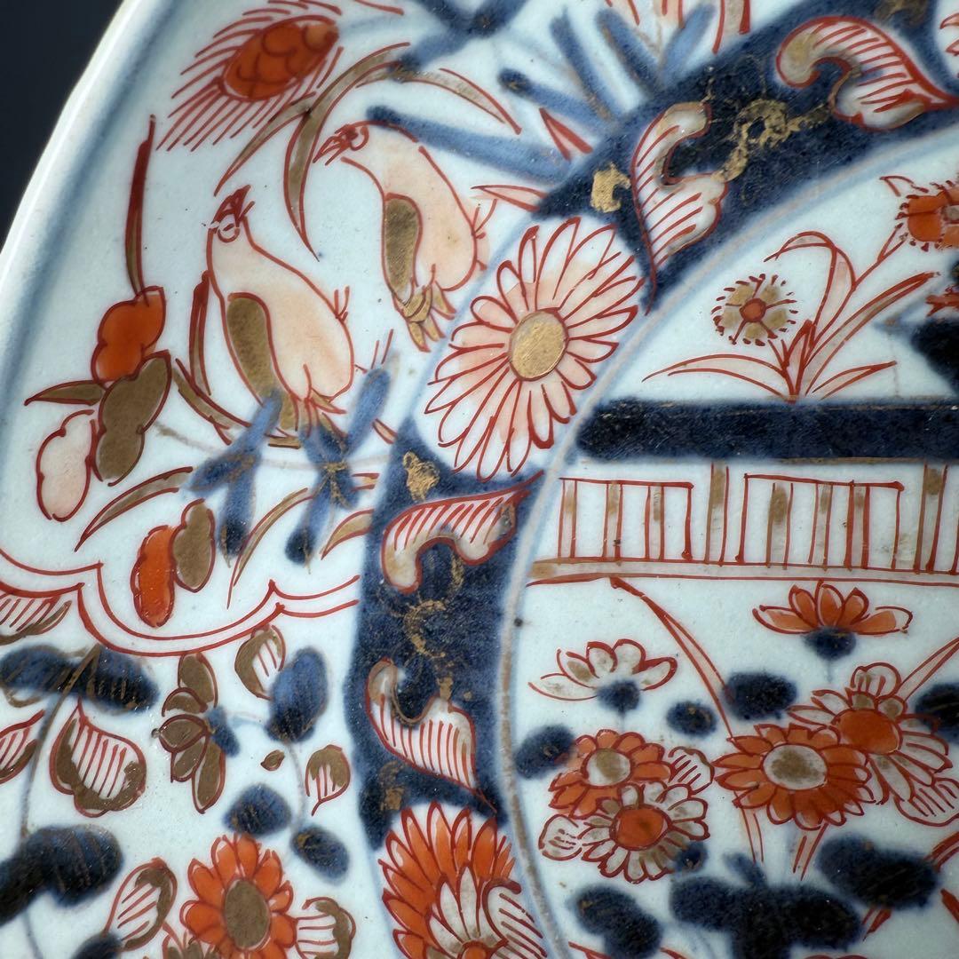 元禄伊万里　色絵花鳥図七寸皿　建築物　金蘭手　赤絵　裏椿文　状態◎　蒐集家旧蔵品