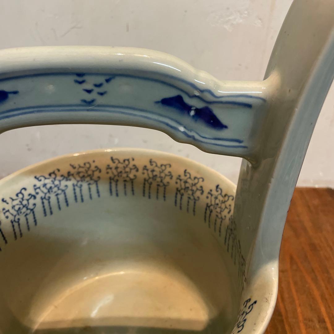 美品　陶器　時代物　染付　山水画　文手桶　花入　当時物　古道具