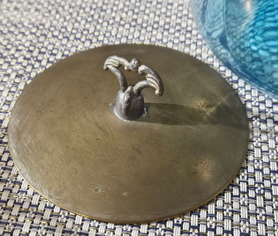 1800年代　欧州アンティーク　青被せ ダイヤ模様　ガラス瓶　キャンディポット