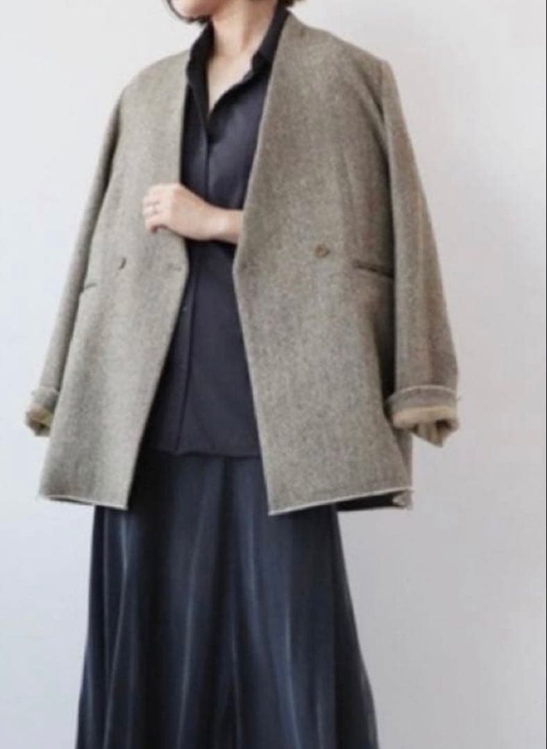 極美品☆RIAM PLAGE ヘリンボーン ノーカラージャケット ダブルブレスト