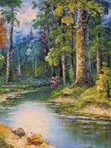 【真作】絵画　油彩12号　深緑の森とせせらぎ　自然美のアート　森林風景　Y158