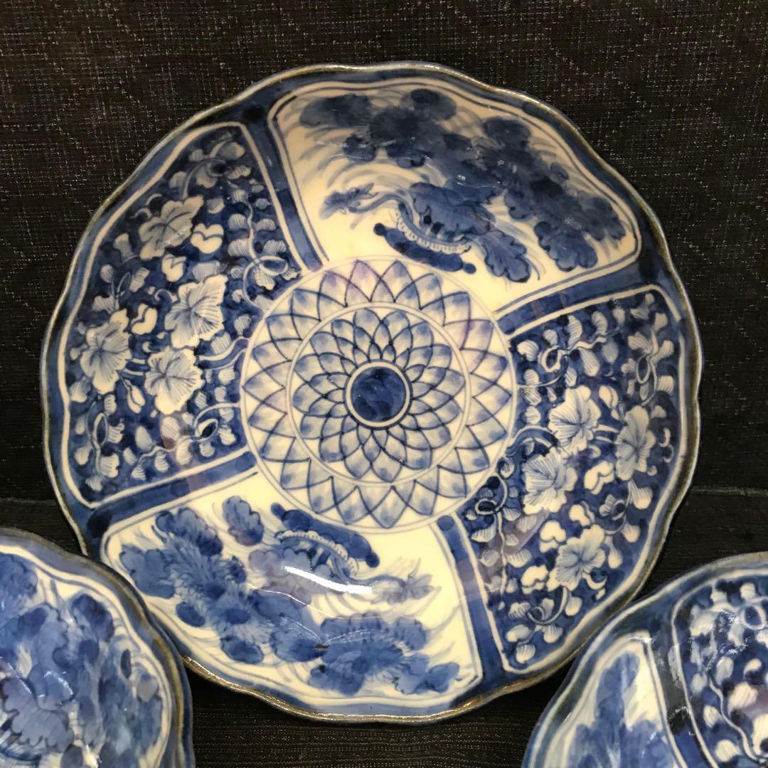 上手古伊万里　幾何学紋様皿　3枚揃い　本物保証