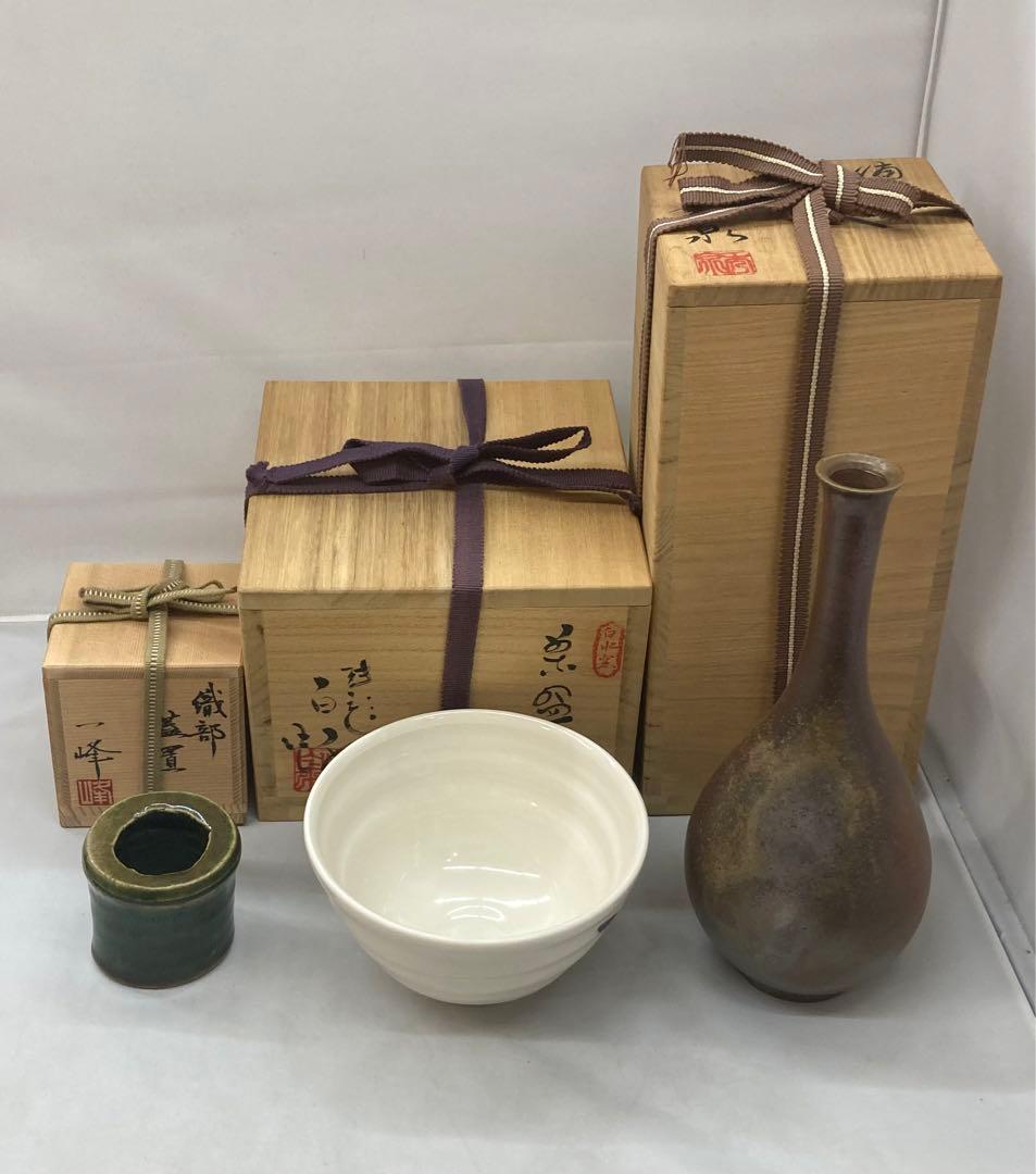 B143  備前花入・砥部白水茶碗・織部蓋置　茶道具3点セット　各共箱