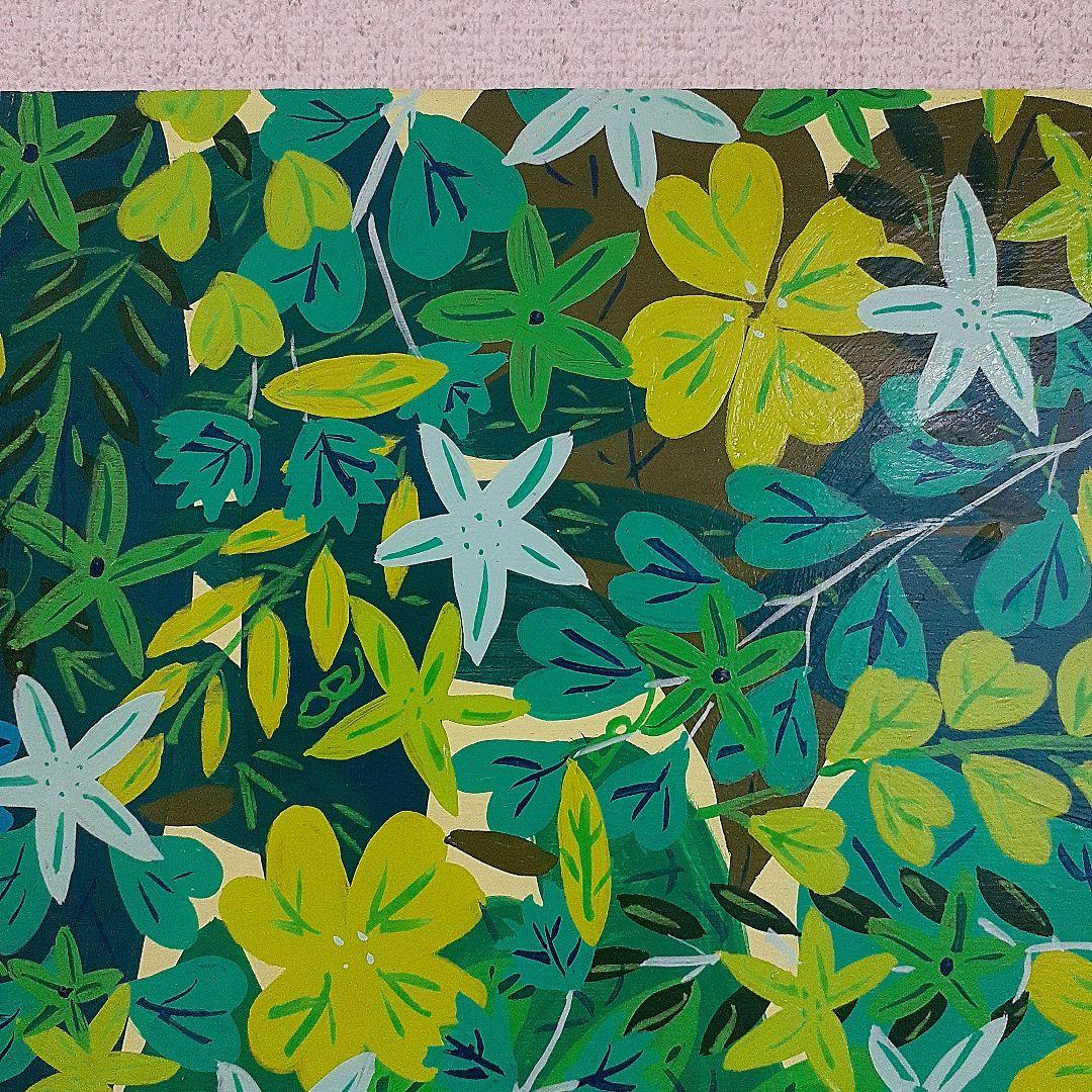 緑だらけの作品　F10号ボード　同じ緑でも色んな色や形がある！　小楠アキコ作品