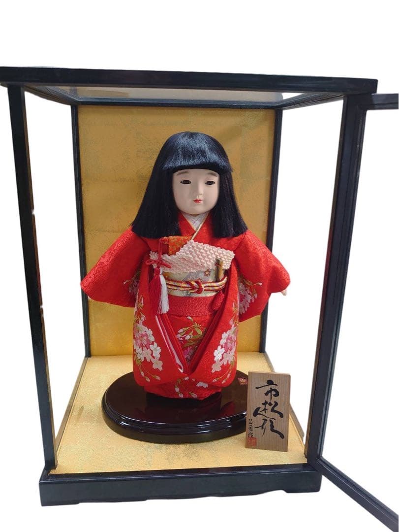 市松人形 正絹着物　公司作　ケース付伝統工芸品　日本人形