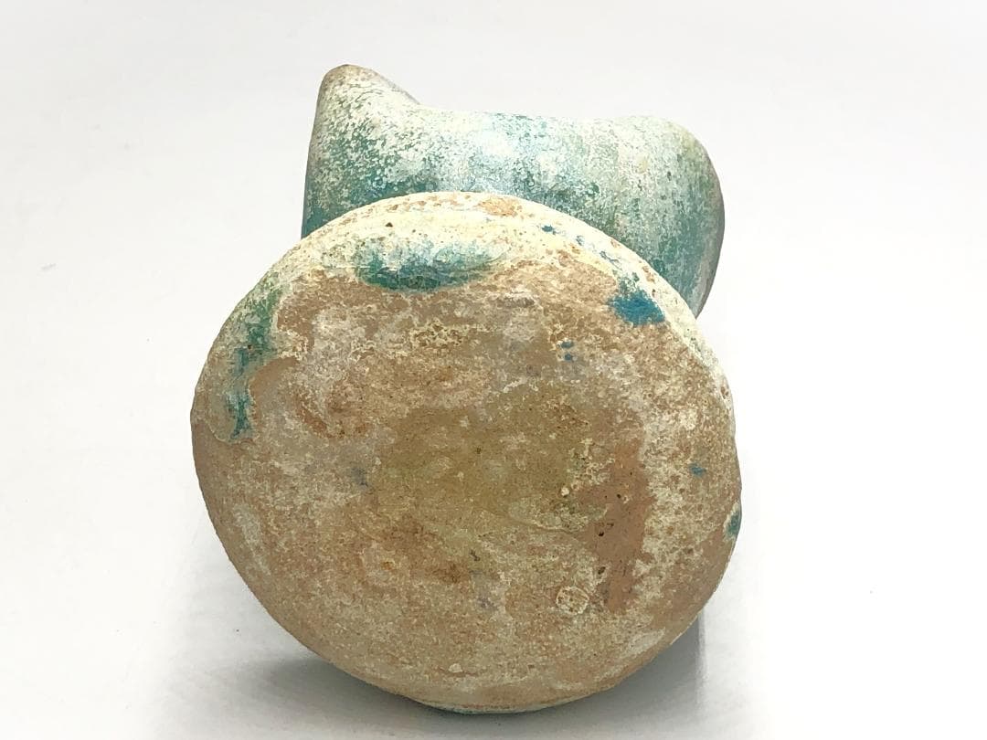 【 ペルシャ古陶 】 出土灯火器 青釉銀化 イスラム陶