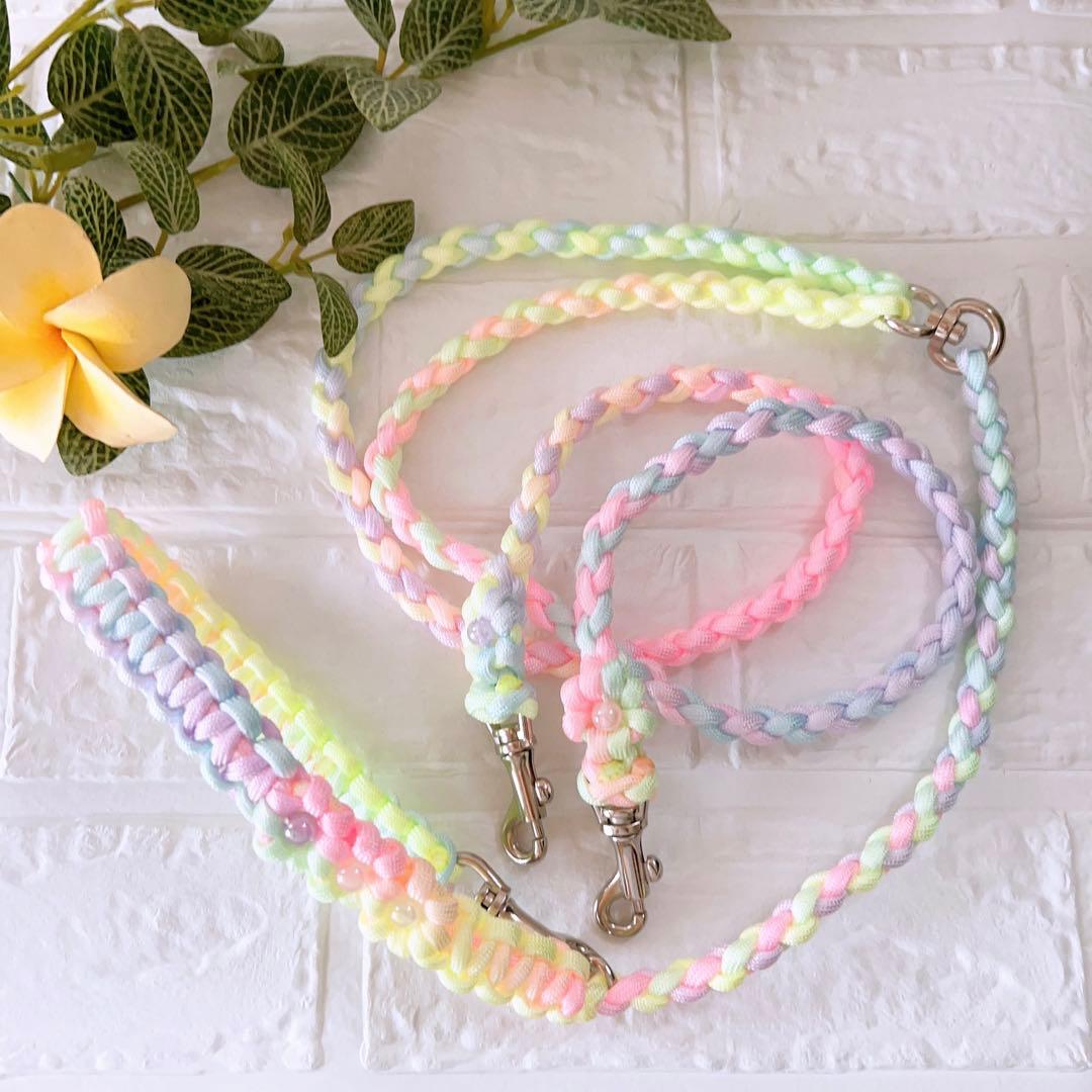 パラコードダブルリード　多頭用リード　パステルレインボー　No.0175