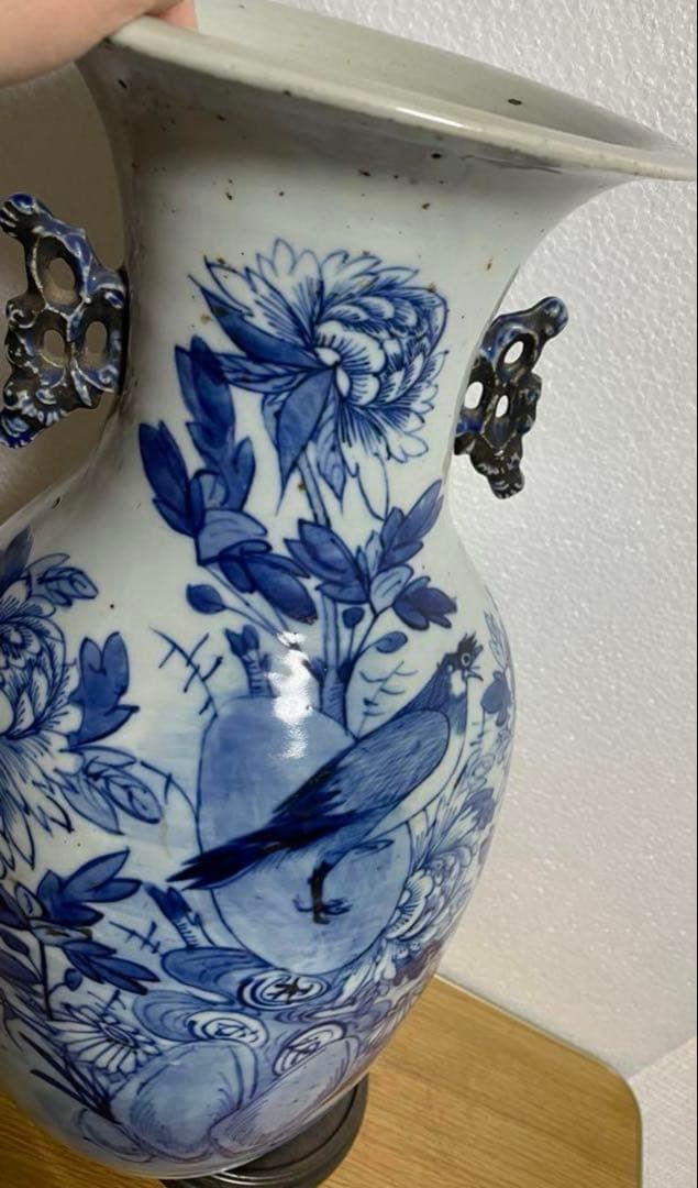 清時代 青花花鳥紋双耳瓶 中国骨董品。