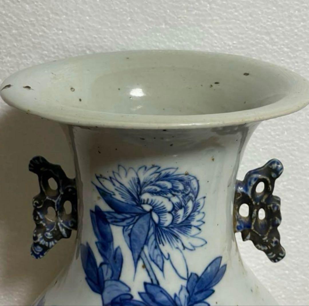 清時代 青花花鳥紋双耳瓶 中国骨董品。