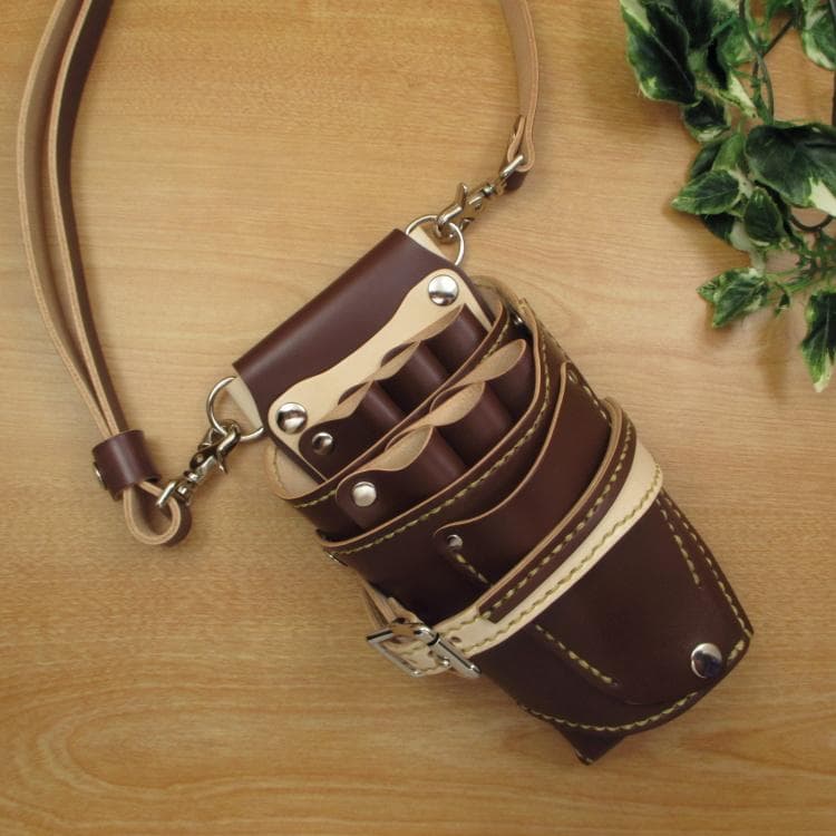 ブラウン＆ナチュラル　６丁　革ベルト付　本革シザーケース　SCL-150/CBB