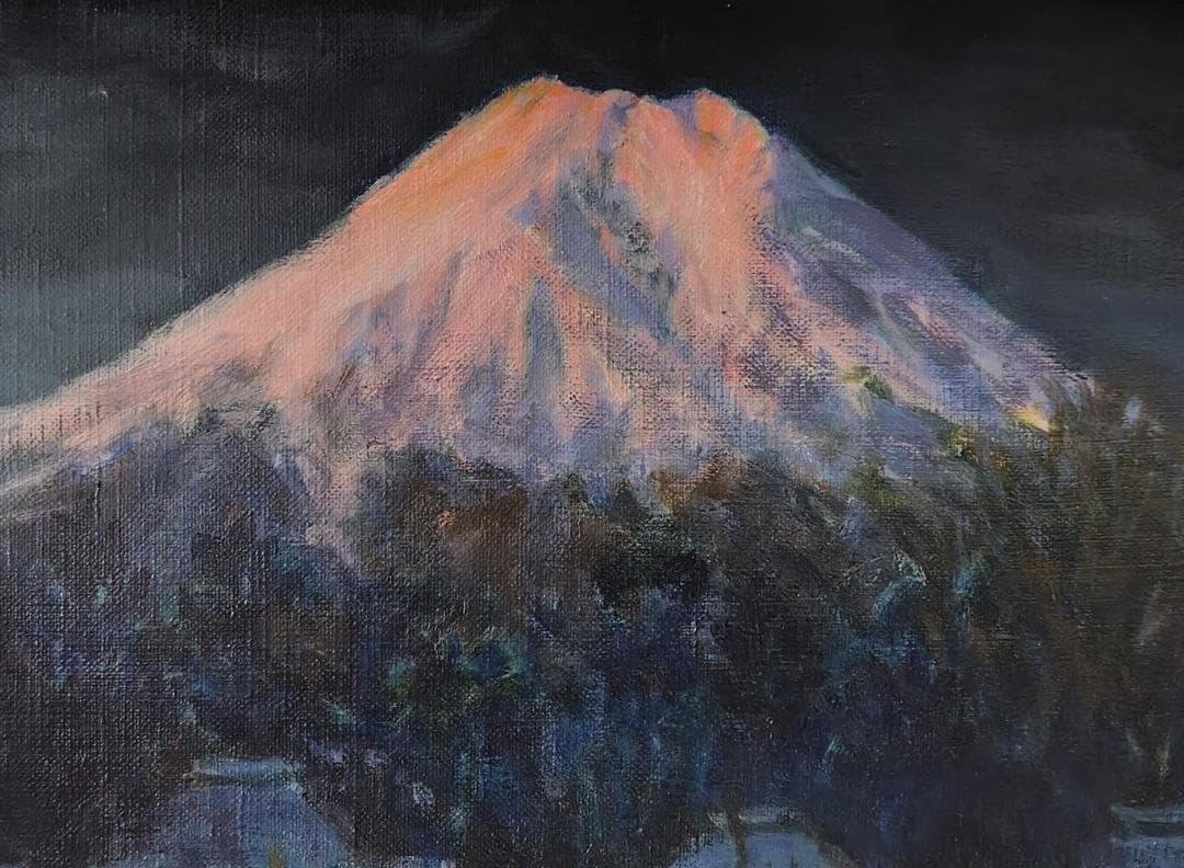 「明ける忍野村」1976 F6 絵画 油絵 油彩画 風景画 富士山