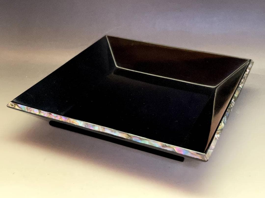 盆■黒塗螺鈿 青貝 四方盆 干菓子器 漆工芸 本漆 漆器 共箱 お茶道具 骨董品