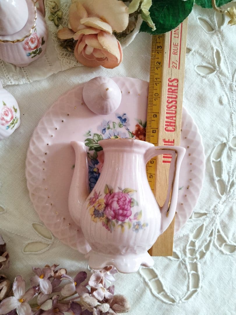 フランス アンティーク 薔薇柄ピンクのディネット ティーセット