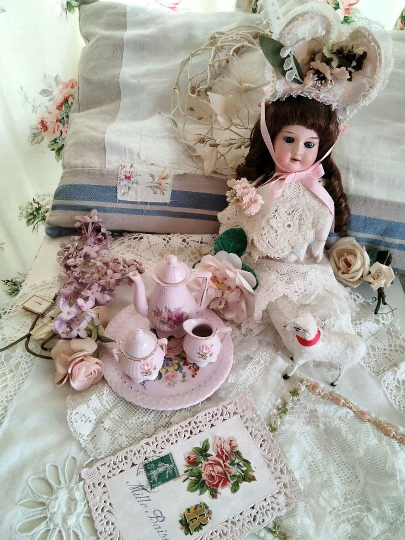 フランス アンティーク 薔薇柄ピンクのディネット ティーセット