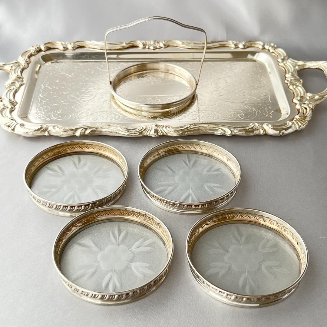 【純銀 / ガラス】ワイングラスコースター 4枚 スターリングシルバー ホルダー