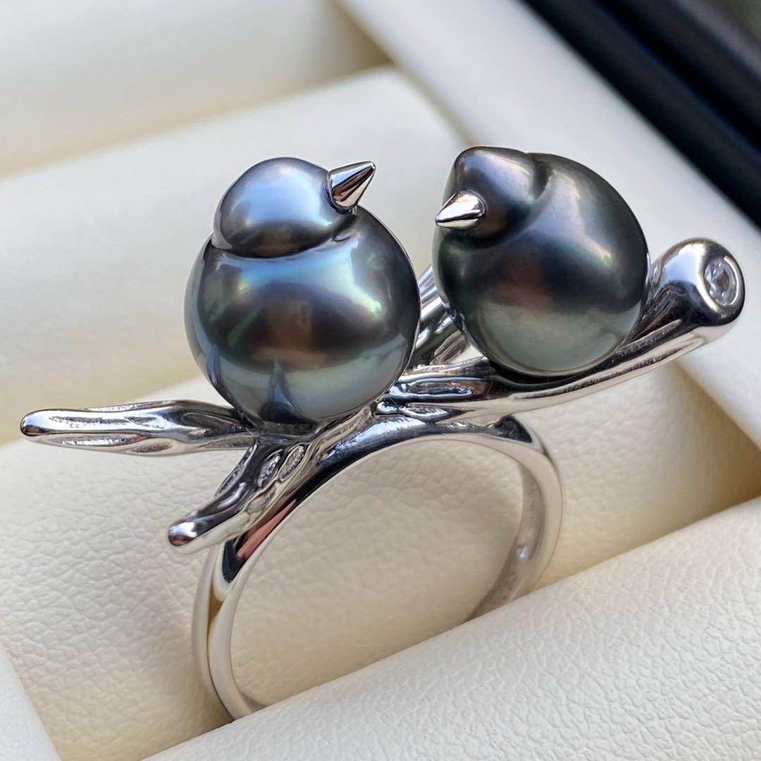 本真珠　南洋黒蝶真珠ダブルリング「鳥と枝」13mmダークグリーンL1259