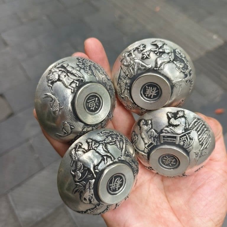 銅器 漁樵耕読小碗一セット 茶碗 工芸品 美術品 置物