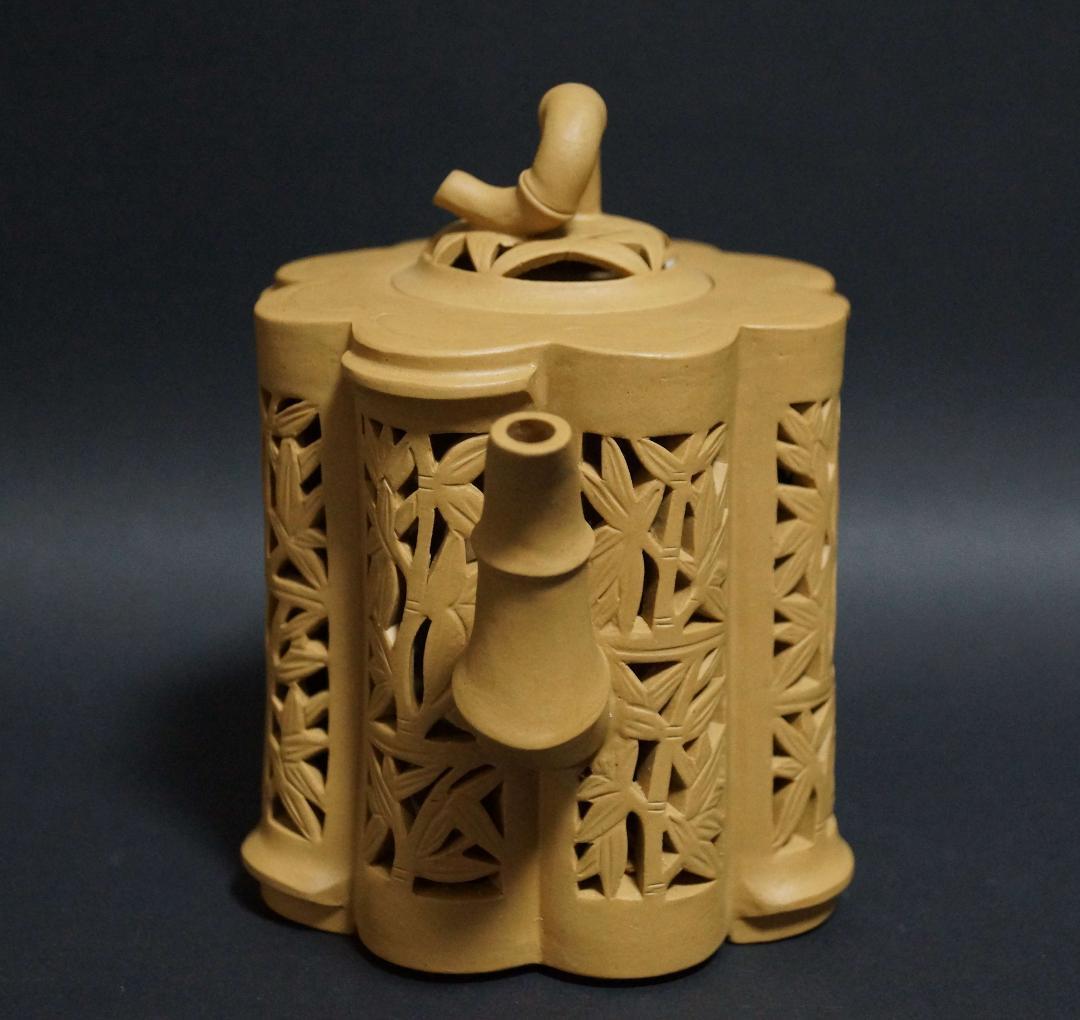 茶道具  名工範澤春 製 『竹彫鏤空』 朱泥急須 透かし彫り 紫砂壺 煎茶道具