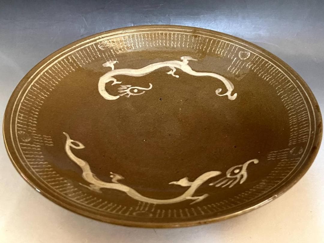 皿■希少 中国 古い白龍紋茶釉皿 大中皿 飾り皿 時代箱 古玩 時代物 骨董品■