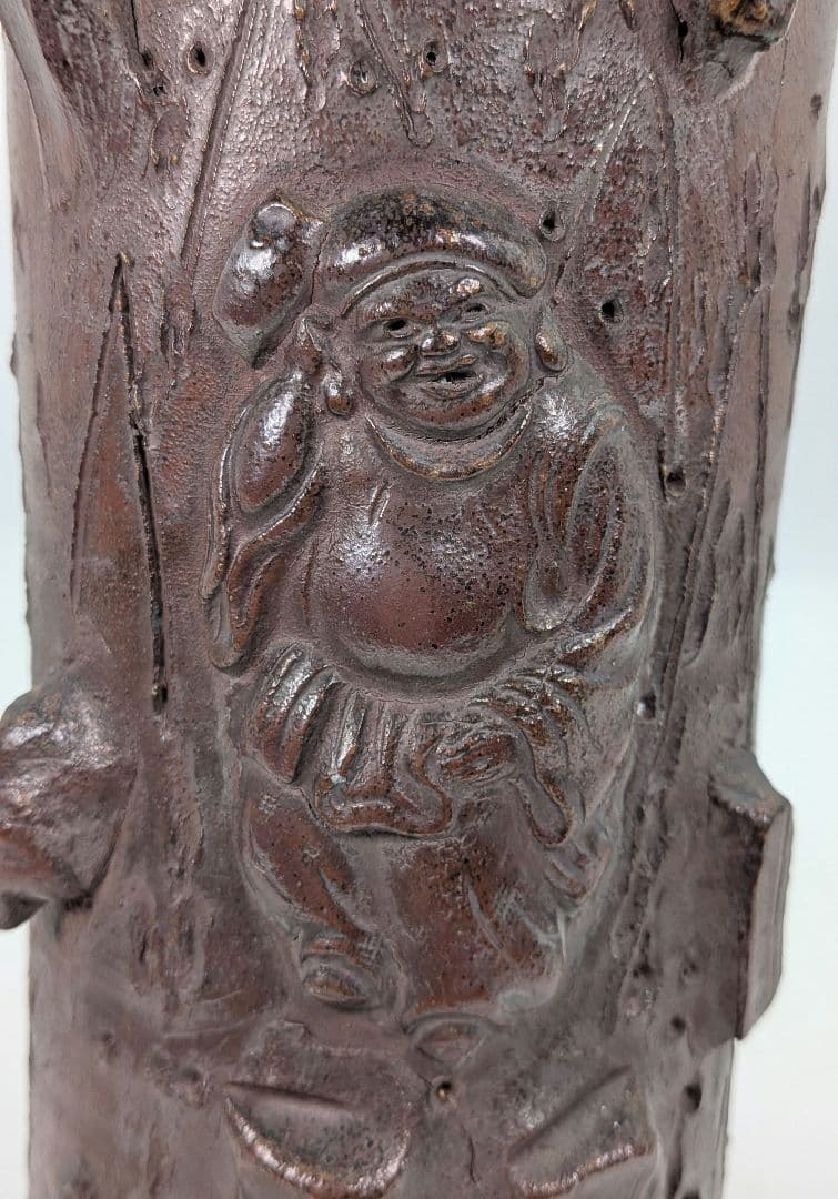 明治時代 備前焼 装飾花入 大黒天彫貼付 大黒様 七福神 縁起物 花器 花瓶