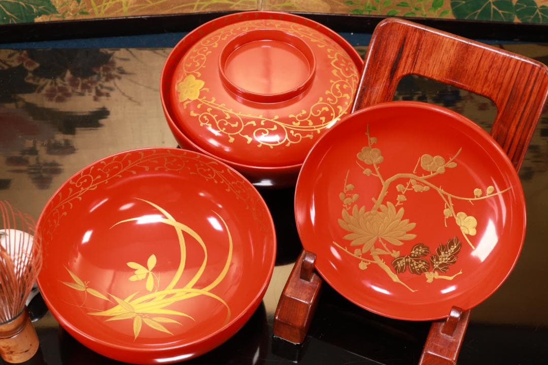 BJ121　時代輪島塗　四君子図蒔絵　吸物椀　二客　木製　茶道具 懐石 会席