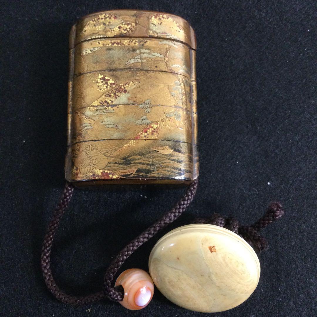 時代物 金蒔絵印籠 内梨地 銘無し 箱付 Md