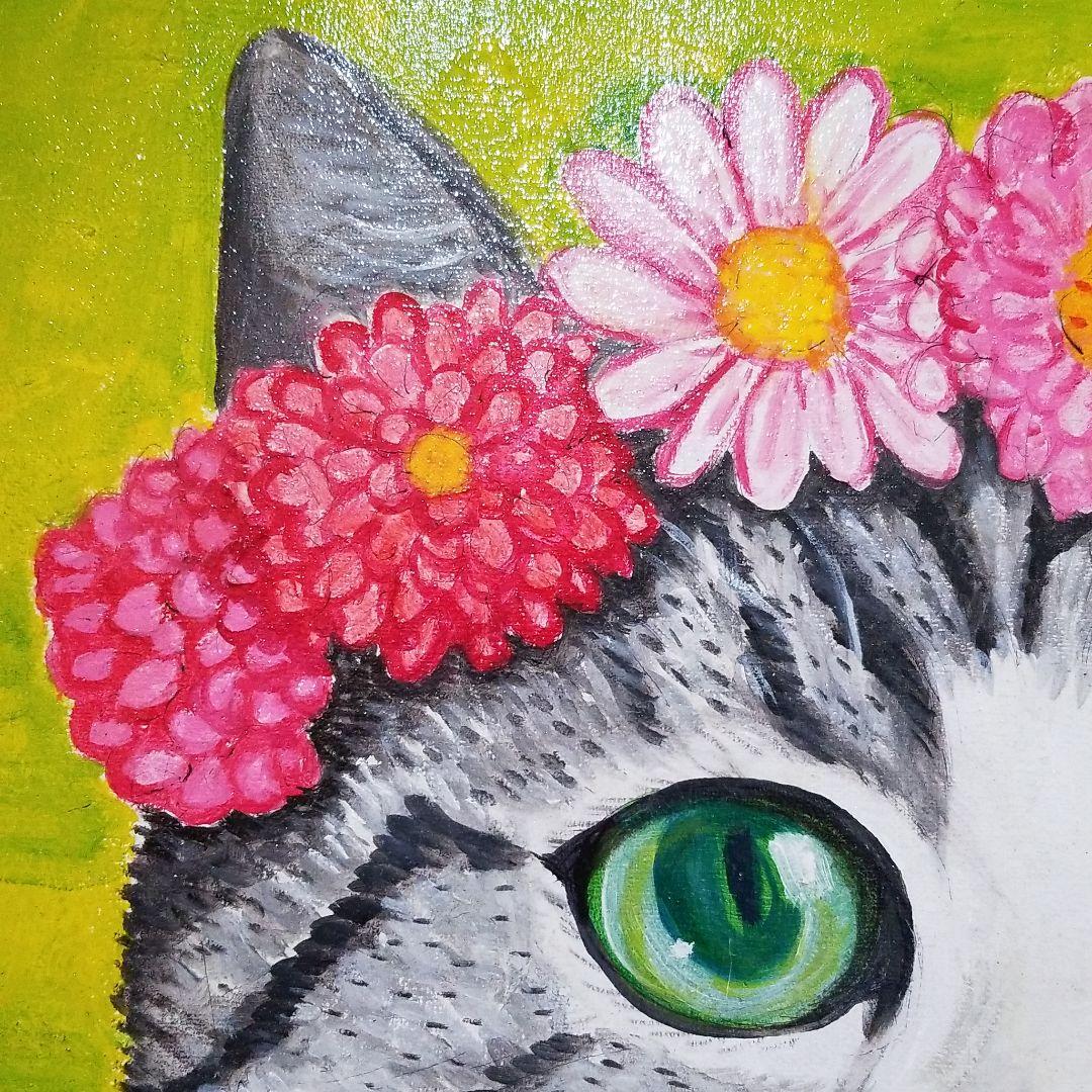 油絵　専用品　頭に花をのせた猫2