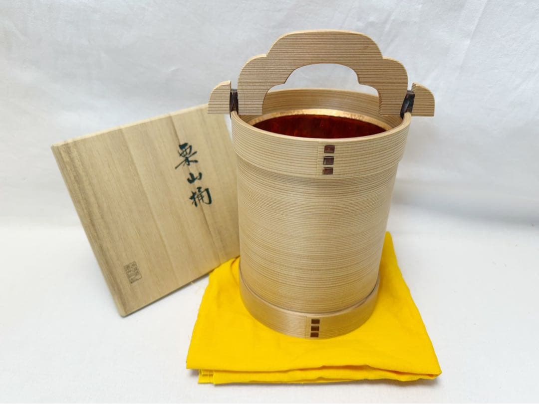 未使用 華道具 木具師 高木又三作 栗山桶 花入 手桶花器 銅落とし 刻印 共箱