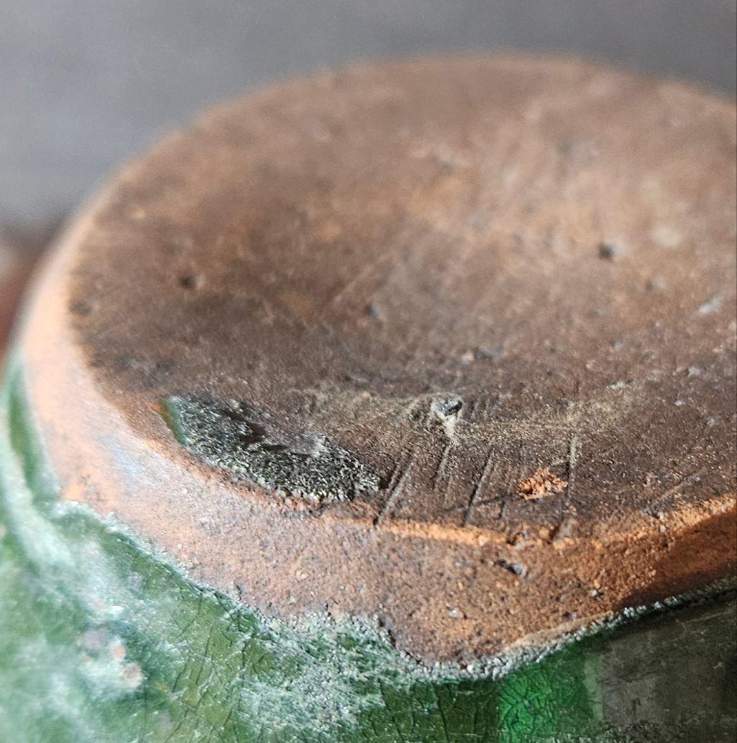 中国古美術　中国古陶磁器　古玩　遼時代　遼緑釉　緑交趾　陰刻輪線文様　小壺　罐