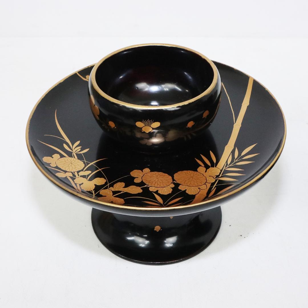 四君子蒔絵 黒腰高茶台 漆 一対　共箱 天目台 黒塗