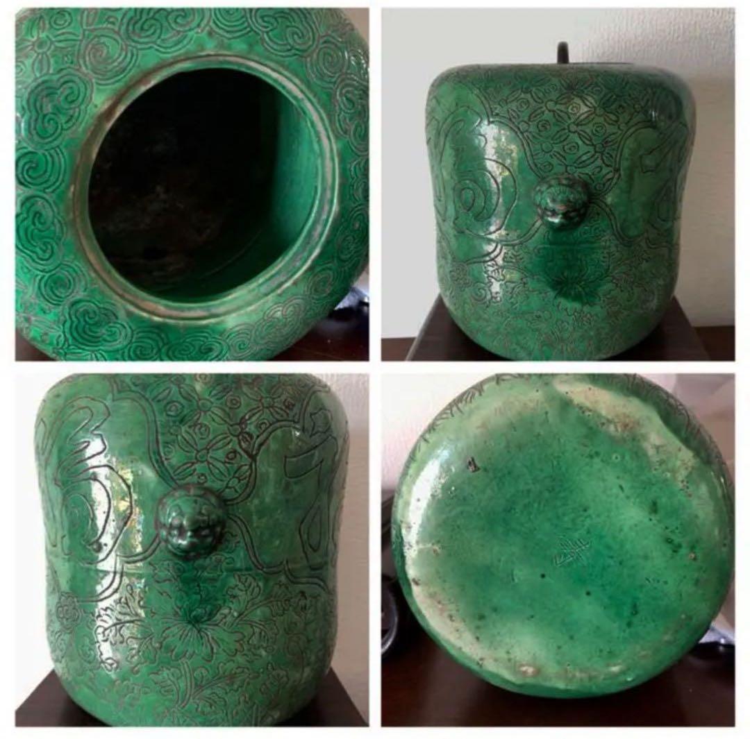 清時代　水指•マラカイト•緑釉•福字紋緑釉水指　共箱　共布
