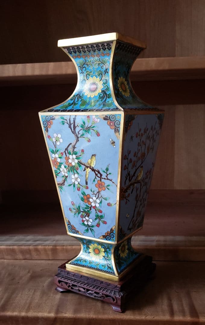 七宝 花瓶 花鳥図 台座付