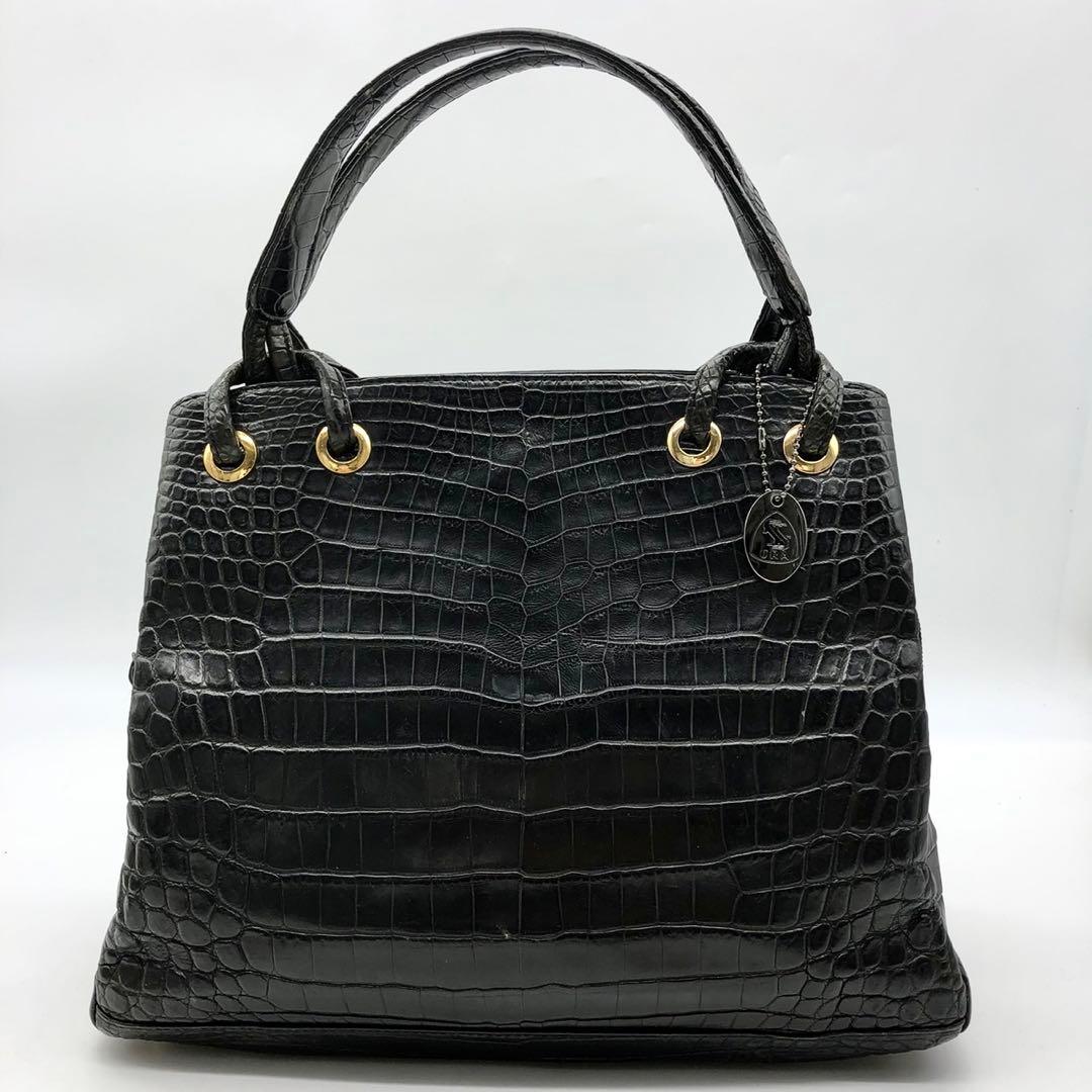 JRAタグ付　クロコダイル　ハンドバッグ　シャイニングクロコ　ワニ革　ブラック