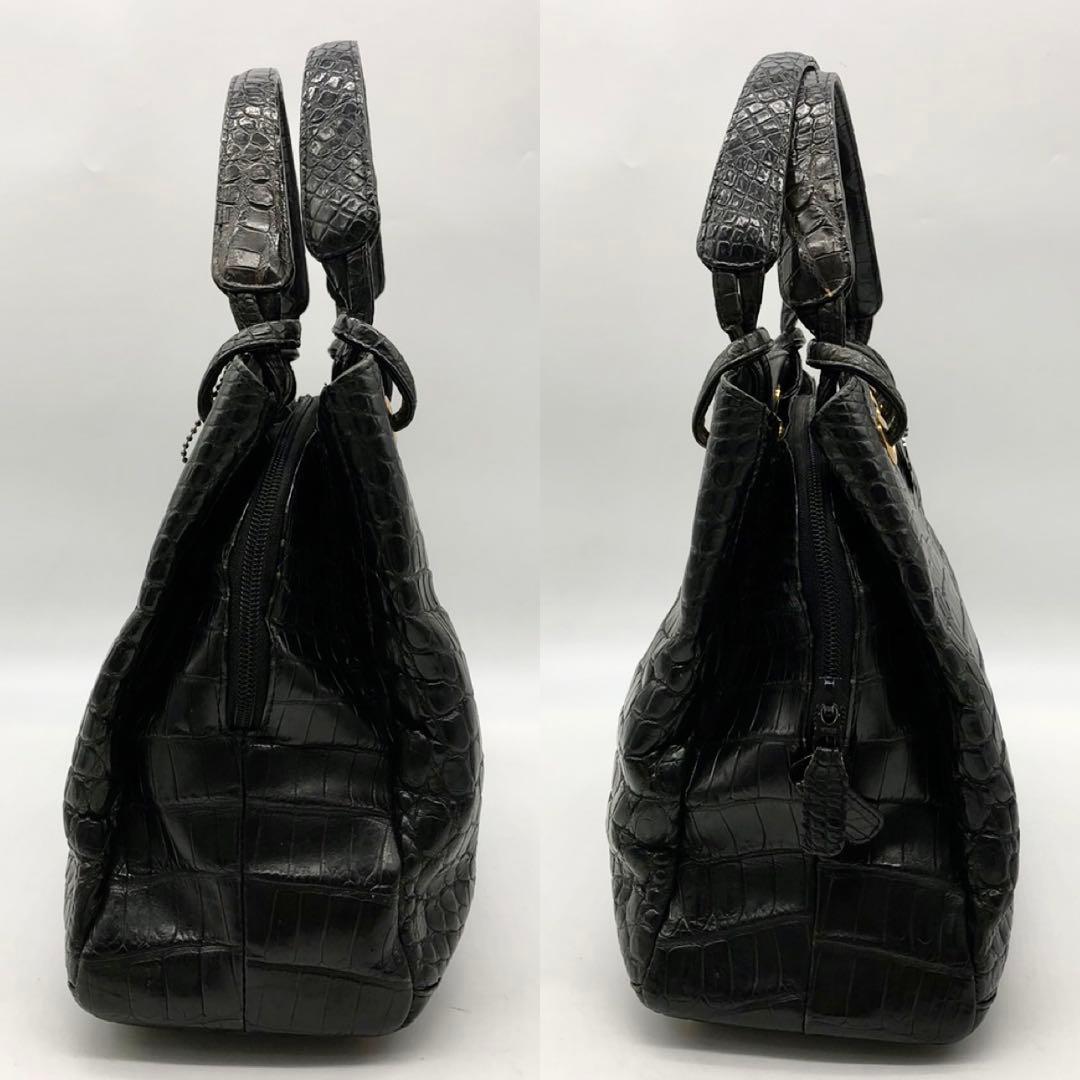 JRAタグ付　クロコダイル　ハンドバッグ　シャイニングクロコ　ワニ革　ブラック