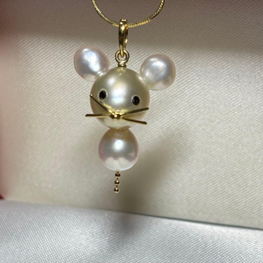 P04 K18　ケシ　白蝶真珠　ネズミ　あこやパール　ペンダント　ブラックダイヤ