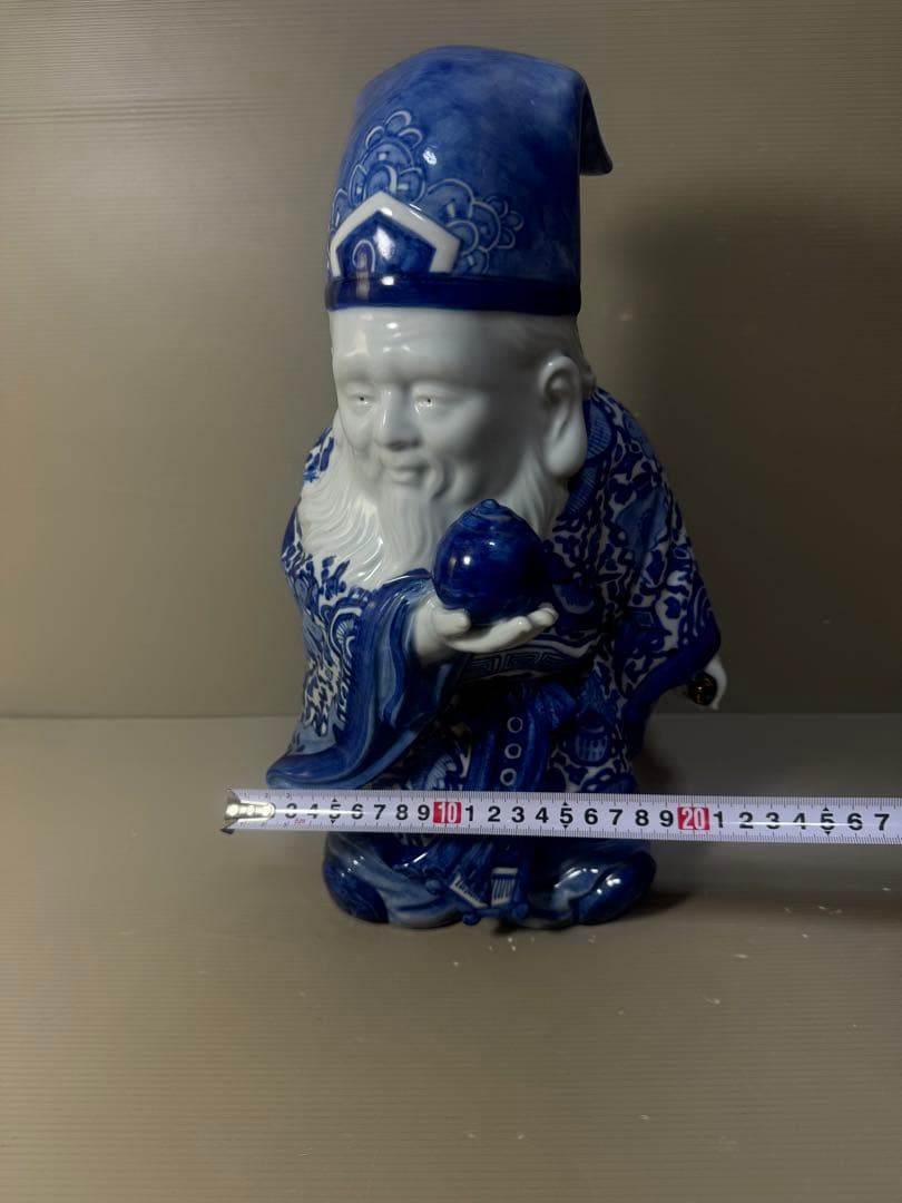 2625 九谷焼　八幡窯　菊仙　染付　寿老人　縁起物　置物　美品