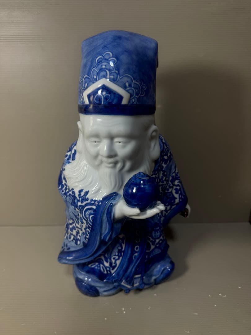 2625 九谷焼　八幡窯　菊仙　染付　寿老人　縁起物　置物　美品