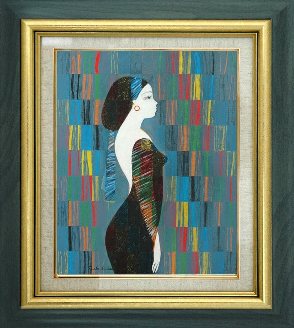 油絵 菅家令子 絵 絵画インテリア額付(青緑＋金色の枠)uF6-030214女性