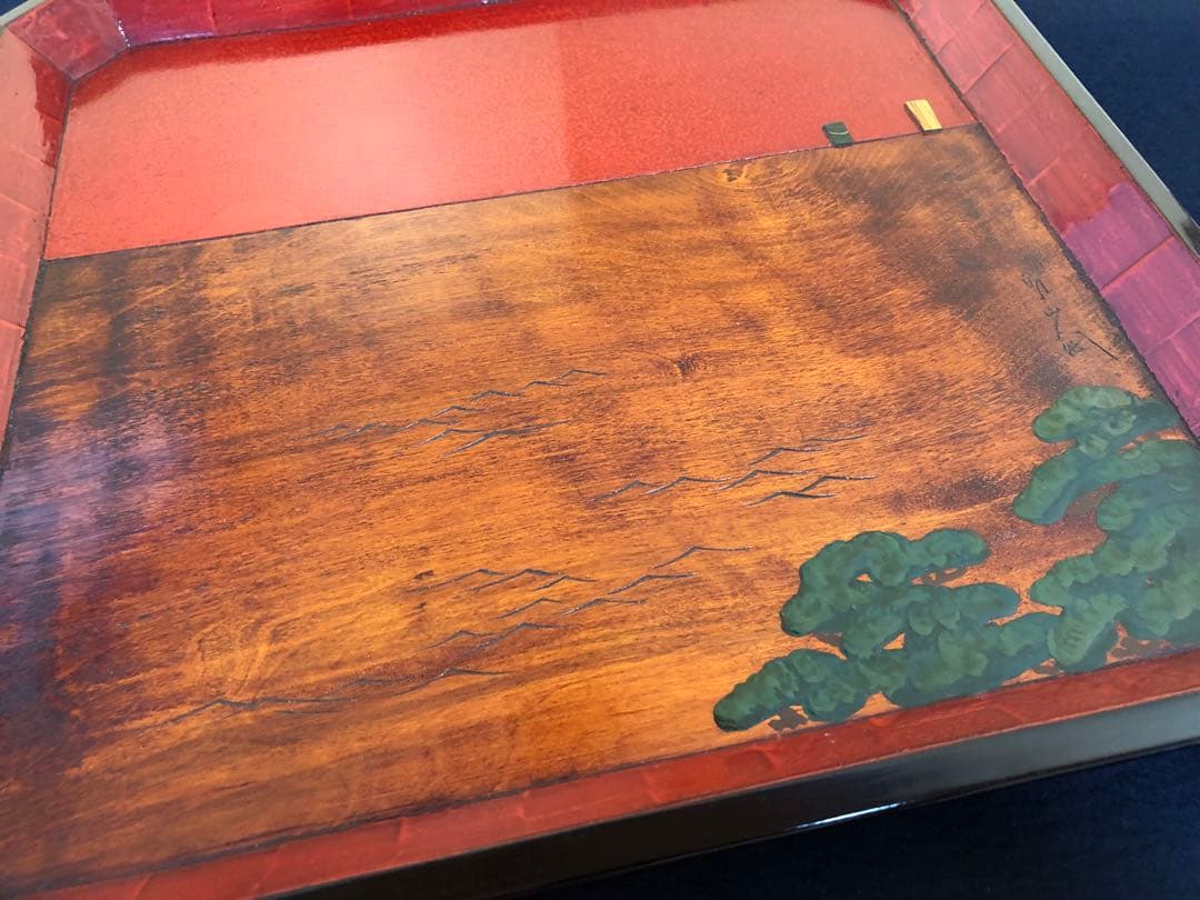 《R》伝統工芸 讃岐彫盆 四方盆 隅切 在銘 刳抜 共箱　250707E1