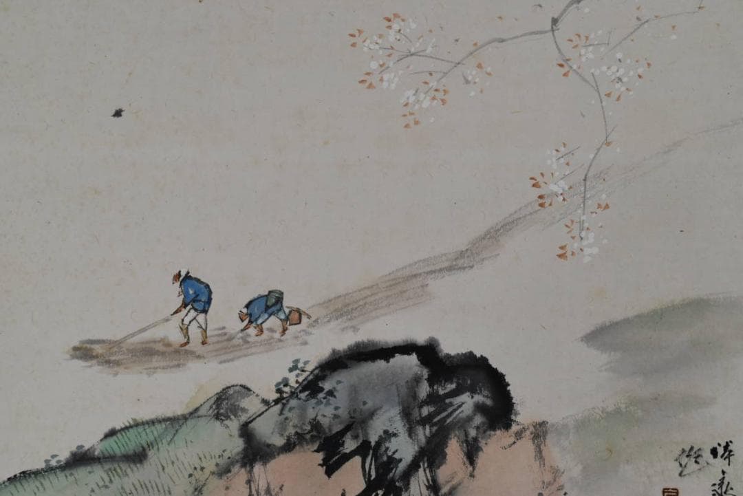 【真作】徳田隣斎/嵐峡春趣/春景筏下り図/山水図/掛軸/名家伝来/AA-895