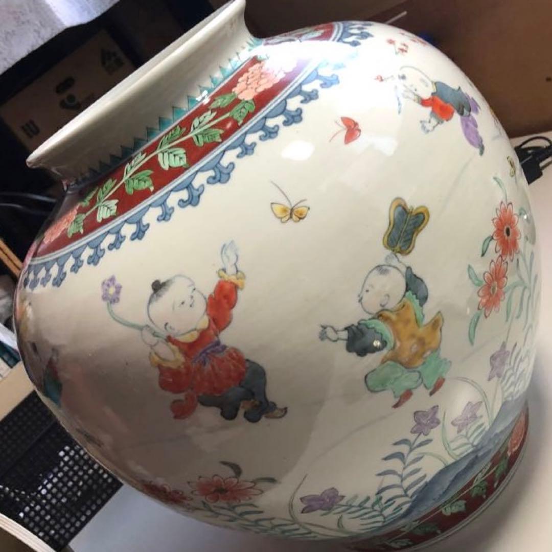 五代佐藤走波染錦唐子遊図つぼ　心和む優しい色使い　高さ約36.5cm約7.2kg