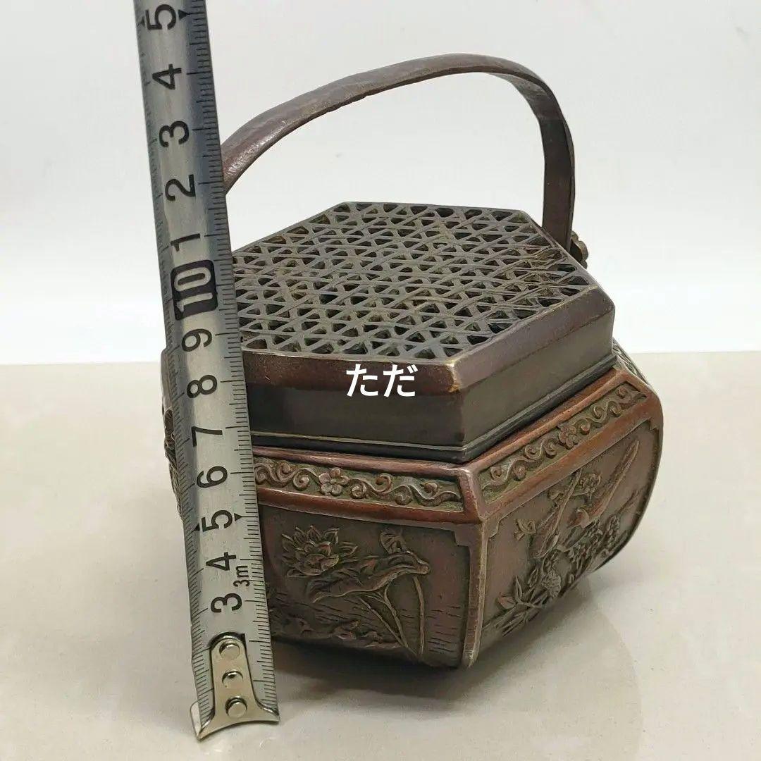 銅製 提梁暖手炉 喜上枝頭手提げ暖手炉 香炉 香道具 装飾品 工芸品 置物