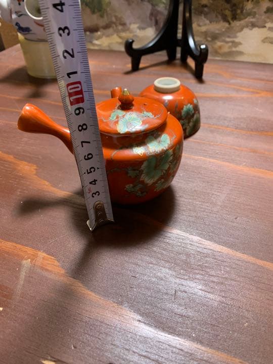 九谷焼 珊瑚紅釉 茶壺 直須 茶碗