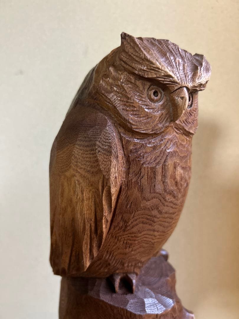 フクロウの木彫彫刻 大場貞義（貞光）作　 【縁起物 希少逸品】送料込み