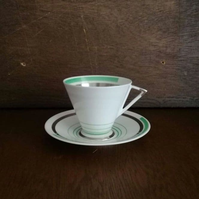 逸品　 シェリー　カッブ＆ソーサー　アールデコ　銀彩幾何学模様アンティーク