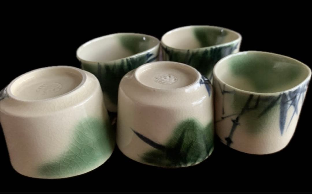 京都の名匠　伊東陶山　作　織部竹林　茶器　5客