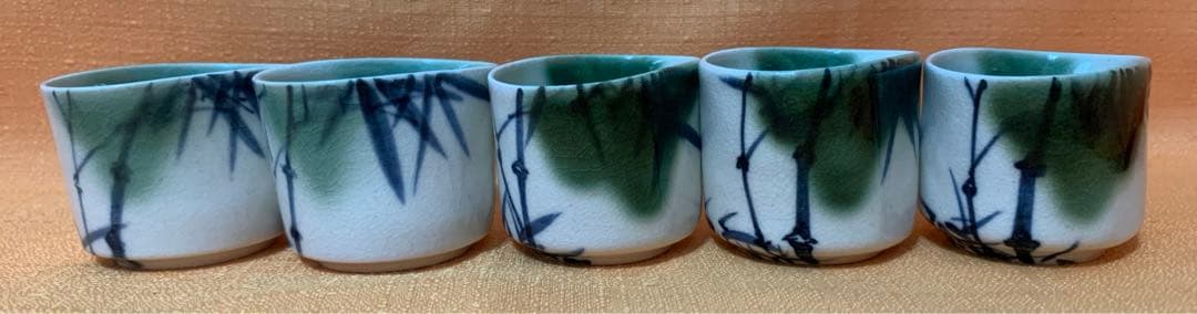 京都の名匠　伊東陶山　作　織部竹林　茶器　5客